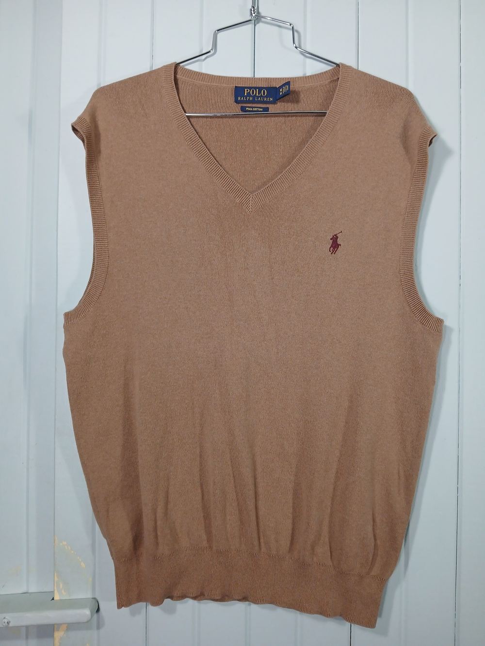 Polo by Ralph Lauren Men’s Camel V-Neck Sweater Vest with Burgundy Pony
